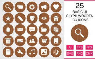 25 Basic ui Glyph Wooden BG Icon Set