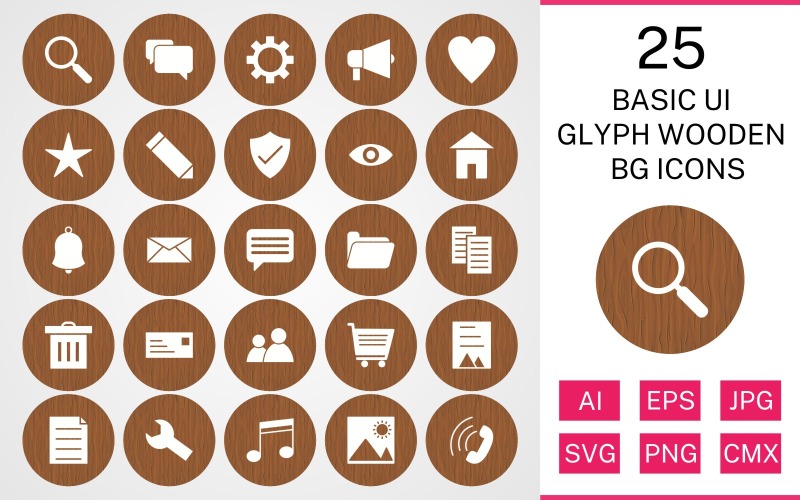 25 Basic ui Glyph Wooden BG Icon Set