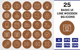 25 Basic ui Line Wooden BG Icon Set