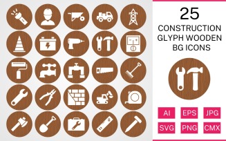 25 Construction Glyph Wooden BG Icon Set