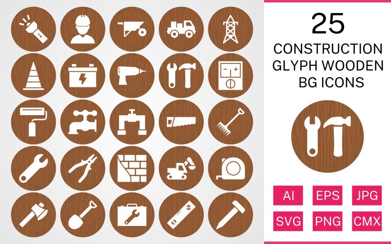 25 Construction Glyph Wooden BG Icon Set