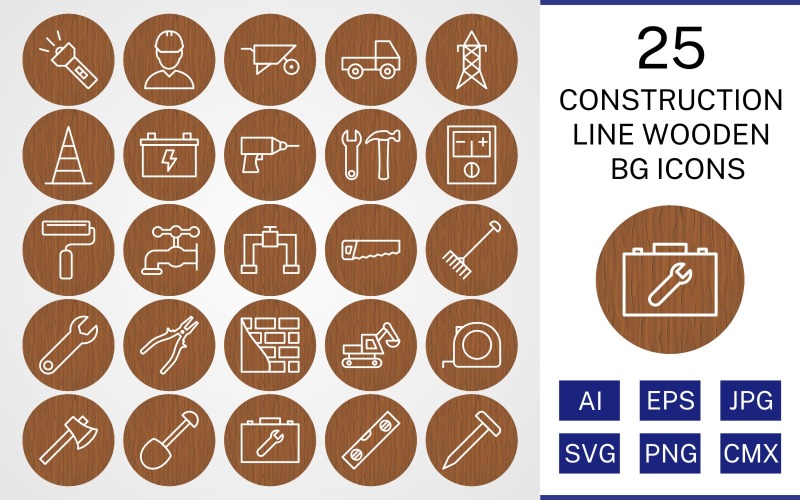 25 Construction Line Wooden BG Icon Set