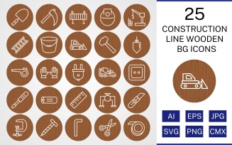25 Construction Line Wooden BG Icon Set