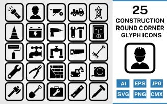 25 Construction Round Corner Glyph Black Icon Set