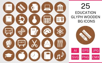 25 Education Glyph Wooden BG Icon Set