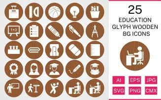 25 Education Glyph Wooden BG Icon Set