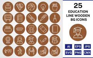 25 Education Line Wooden BG Icon Set