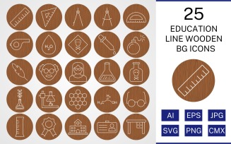 25 Education Line Wooden BG Icon Set