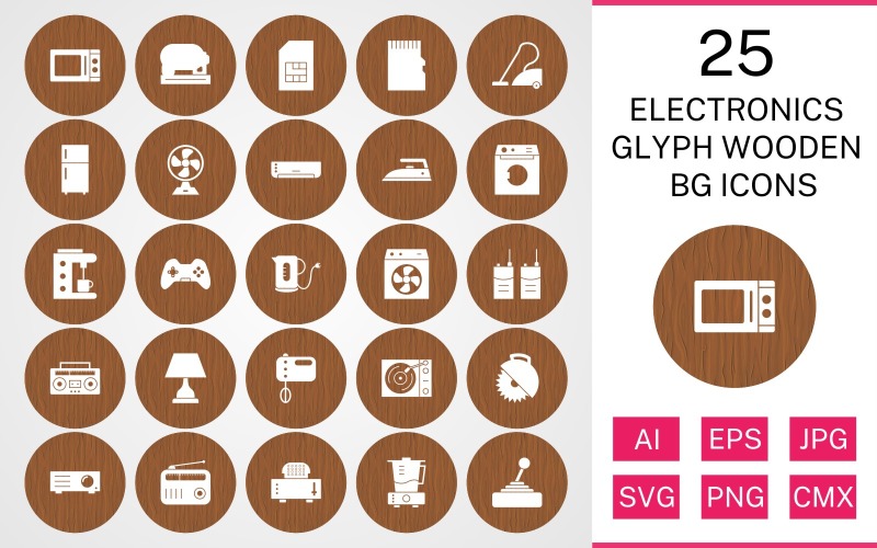 25 Electronic Devices Glyph Wooden BG Icon Set