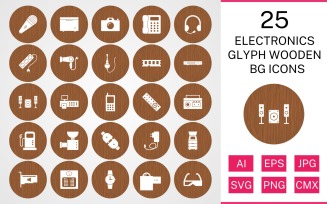 25 Electronic Devices Glyph Wooden BG Icon Set
