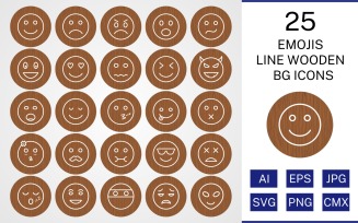 25 Emoji Line Wooden BG Icon Set