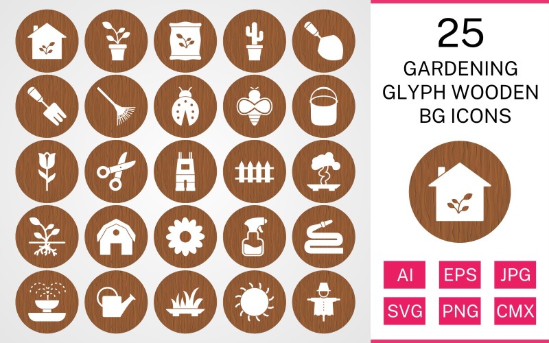25 Gardening Glyph Wooden BG Icon Set