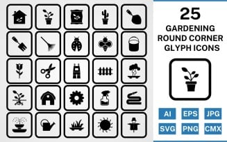 25 Gardening Round Corner Glyph Black Icon Set