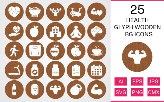 25 Health Glyph Wooden BG Icon Set