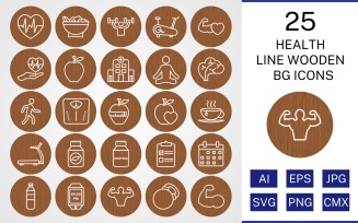 25 Health Line Wooden BG Icon Set