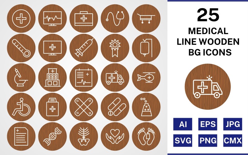 25 Medical Line Wooden BG Icon Set