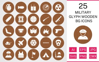 25 Military Glyph Wooden BG Icon Set