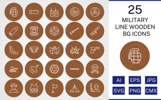 25 Military Line Wooden BG Icon Set