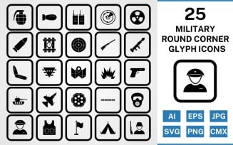 25 Military Round Corner Glyph Black Icon Set
