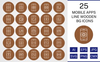 25 Mobile Apps Line Wooden BG Icon Set