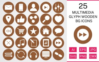 25 Multimedia Glyph Wooden BG Icon Set