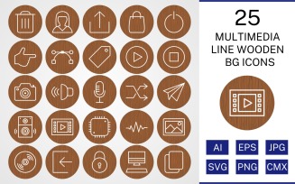 25 Multimedia Line Wooden BG Icon Set