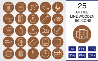 25 Office Line Wooden BG Icon Set