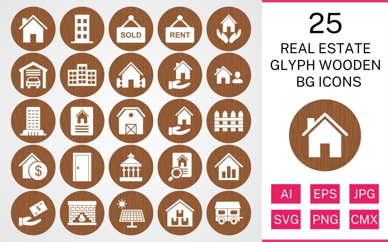 25 Real Estate Glyph Wooden BG Icon Set