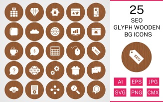 25 Seo Glyph Wooden BG Icon Set