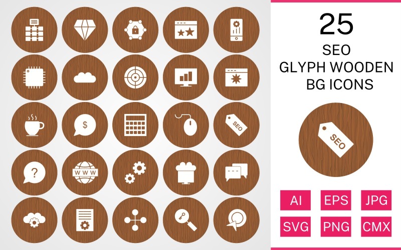 25 Seo Glyph Wooden BG Icon Set