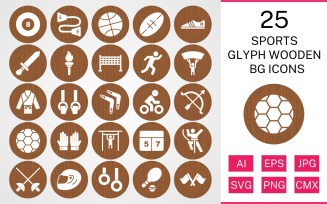 25 Sports And Games Glyph Wooden BG Icon Set