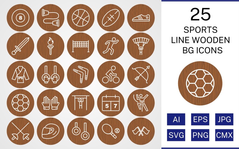 25 Sports And Games Line Wooden BG Icon Set