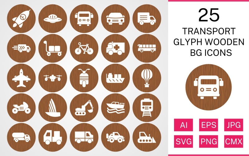 25 Transport Glyph Wooden BG Icon Set
