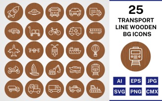 25 Transport Line Wooden BG Icon Set