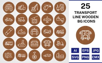 25 Transport Line Wooden BG Icon Set