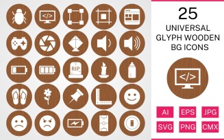 25 Universal Glyph Wooden BG Icon Set
