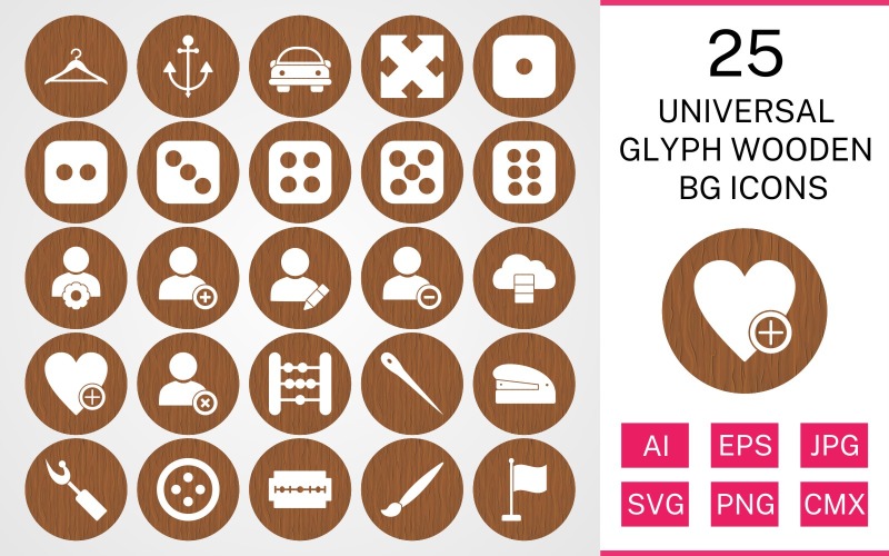 25 Universal Glyph Wooden BG Icon Set