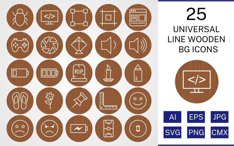25 Universal Line Wooden BG Icon Set