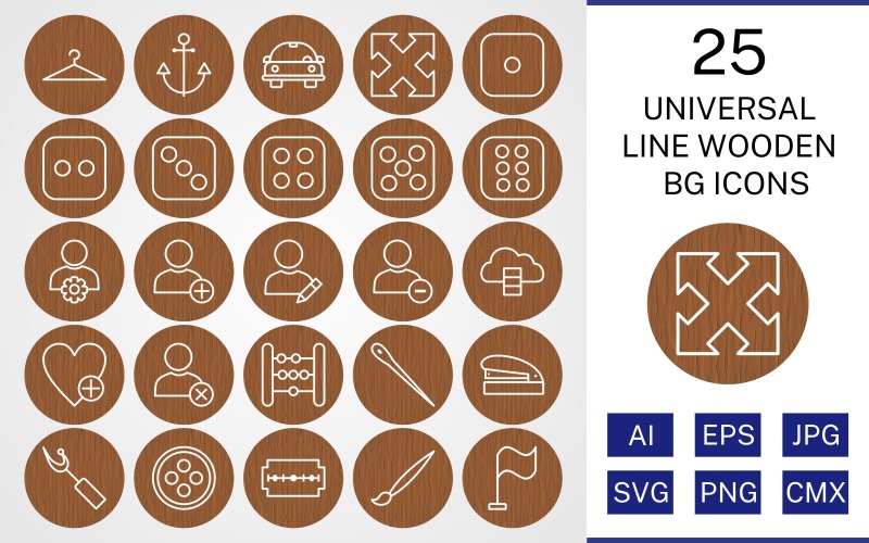 25 Universal Line Wooden BG Icon Set