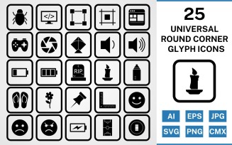 25 Universal Round Corner Glyph Black Icon Set