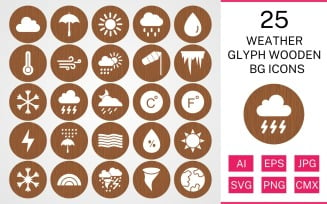 25 Weather Glyph Wooden BG Icon Set