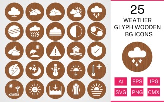 25 Weather Glyph Wooden BG Icon Set