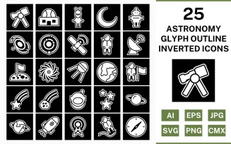 25 Astronomy Glyph Outline Inverted Icon Set