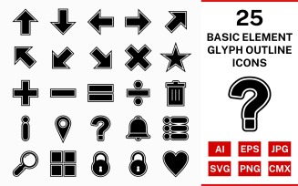 25 Basic Elements Glyph Outline Icon Set