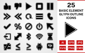 25 Basic Elements Glyph Outline Icon Set