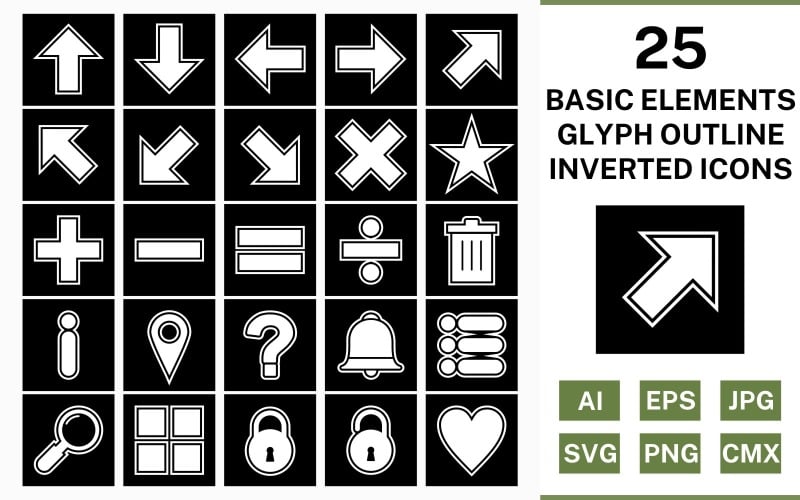 25 Basic Elements Glyph Outline Inverted Icon Set