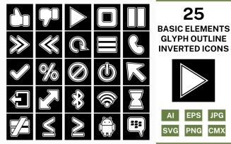 25 Basic Elements Glyph Outline Inverted Icon Set