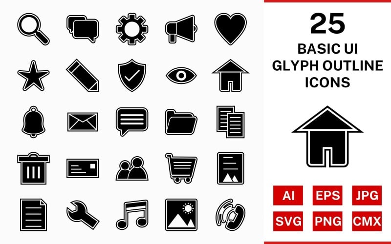 25 Basic ui Glyph Outline Icon Set