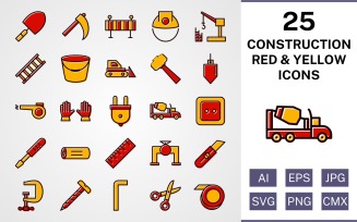 25 Construction Filled Red And Yellow Icon Set