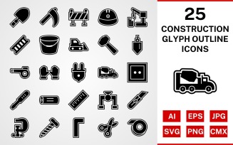 25 Construction Glyph Outline Icon Set